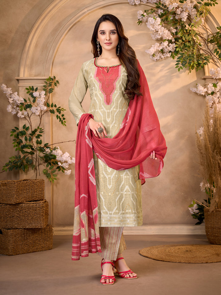 Beige Ikat Jacquard Suit Set with Dupatta