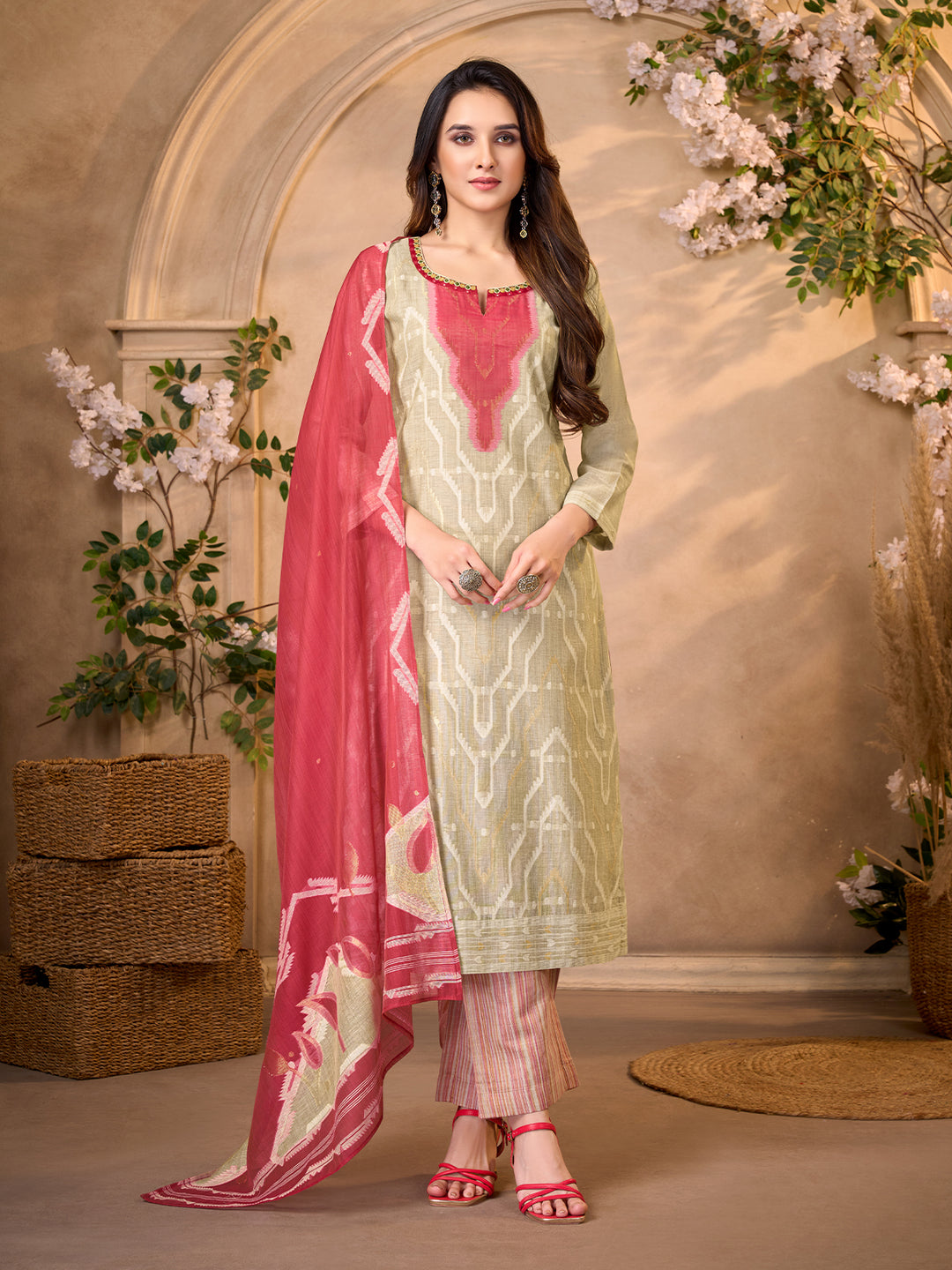 Beige Ikat Jacquard Suit Set with Dupatta