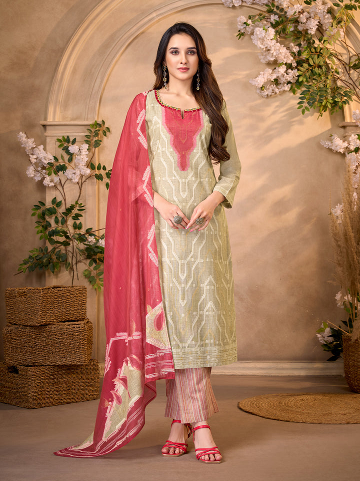 Beige Ikat Jacquard Suit Set with Dupatta