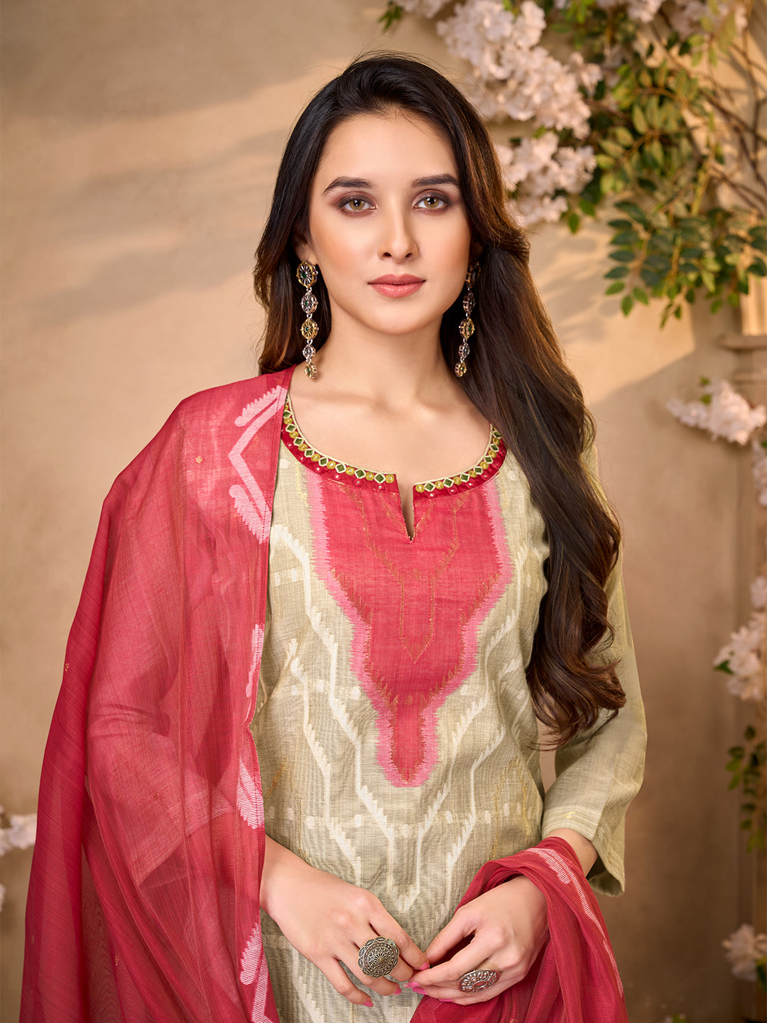 Beige Ikat Jacquard Suit Set with Dupatta