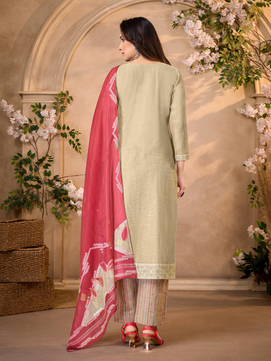 Beige Ikat Jacquard Suit Set with Dupatta