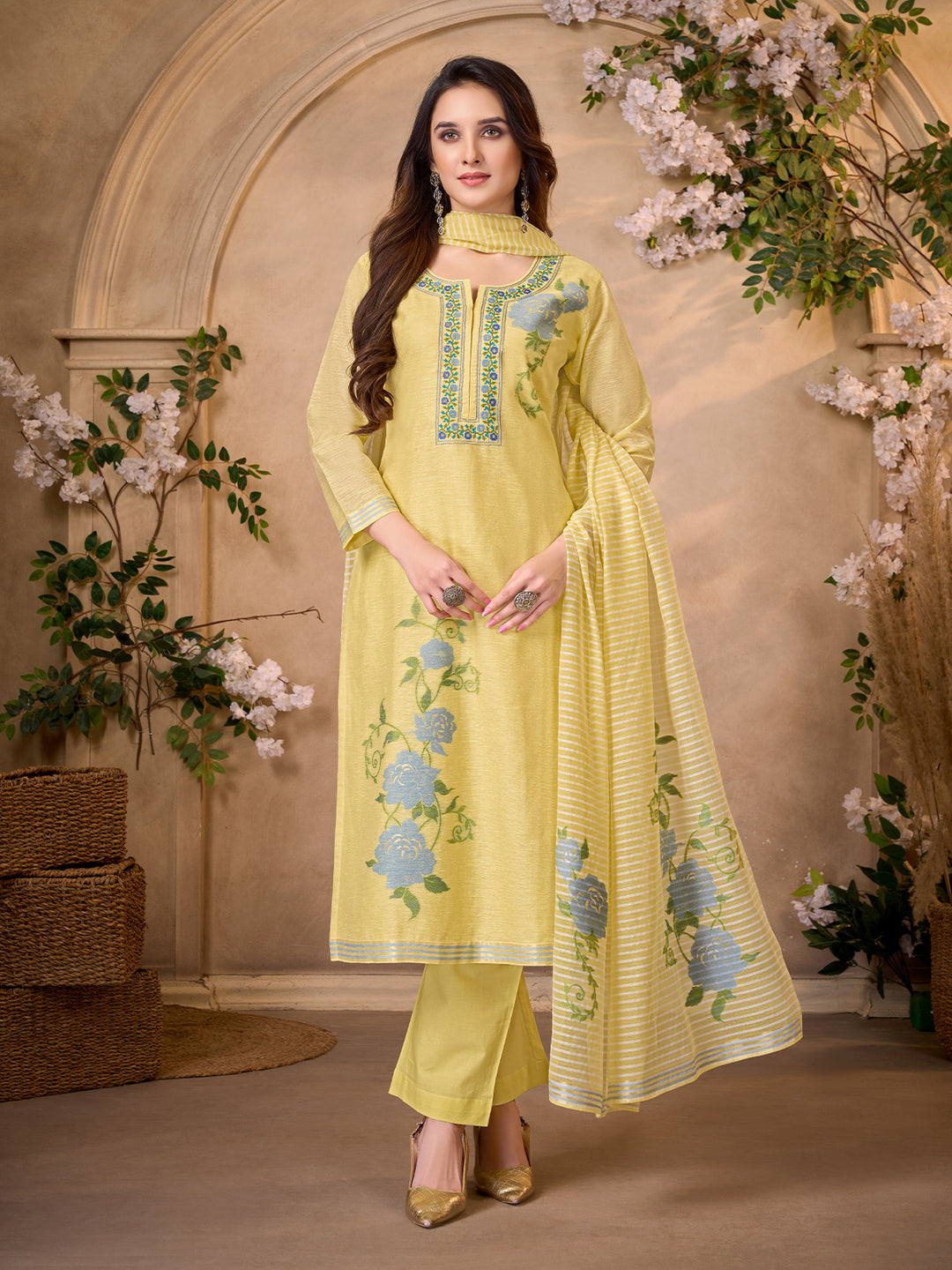 Yellow Jacquard Suit Set with Dupatta