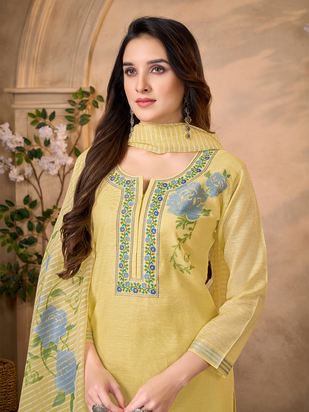 Yellow Jacquard Suit Set with Dupatta