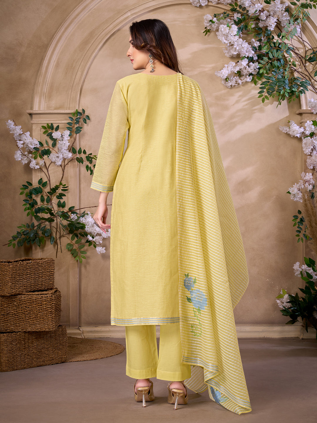 Yellow Jacquard Suit Set with Dupatta