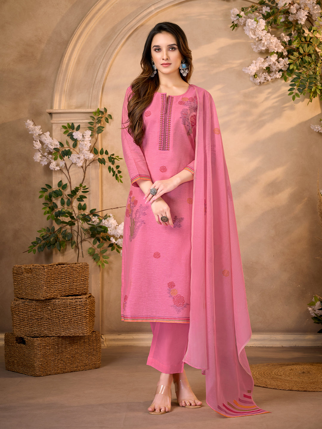 Rose Pink Jacquard Suit Set with Dupatta