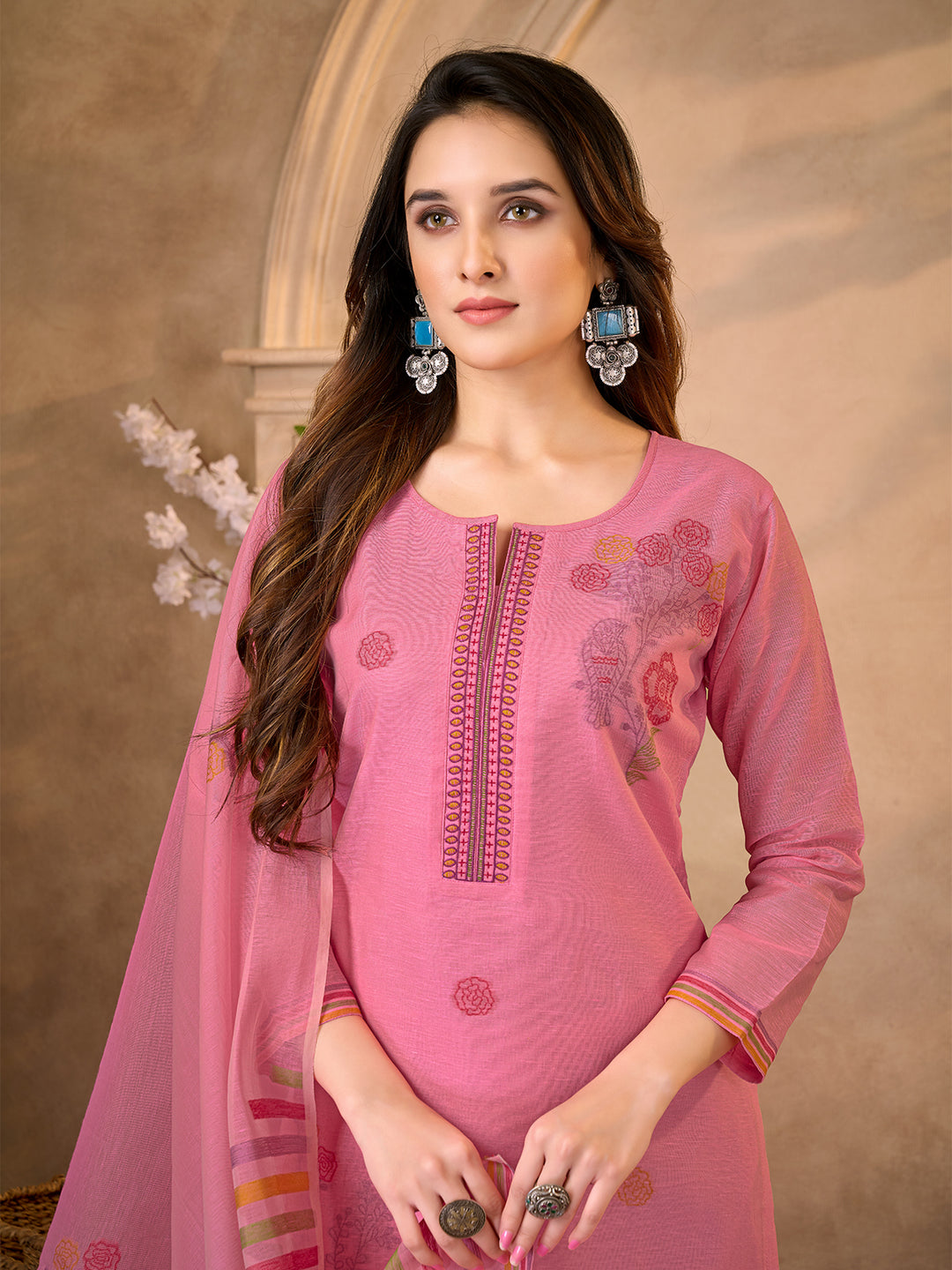 Rose Pink Jacquard Suit Set with Dupatta
