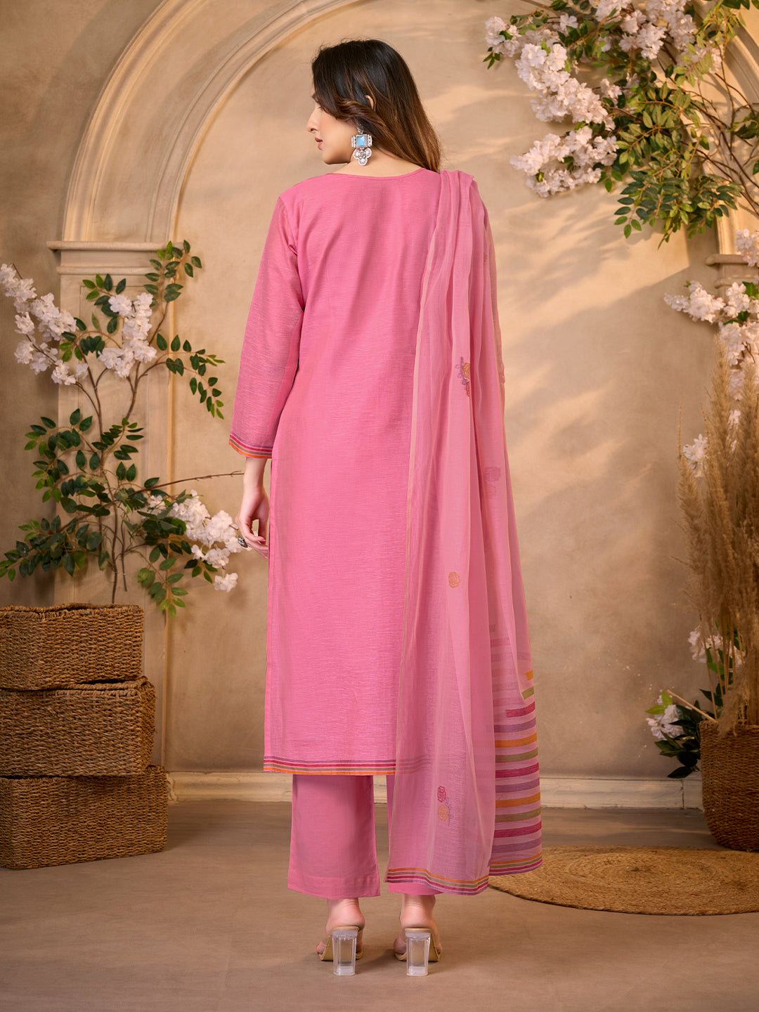 Rose Pink Jacquard Suit Set with Dupatta