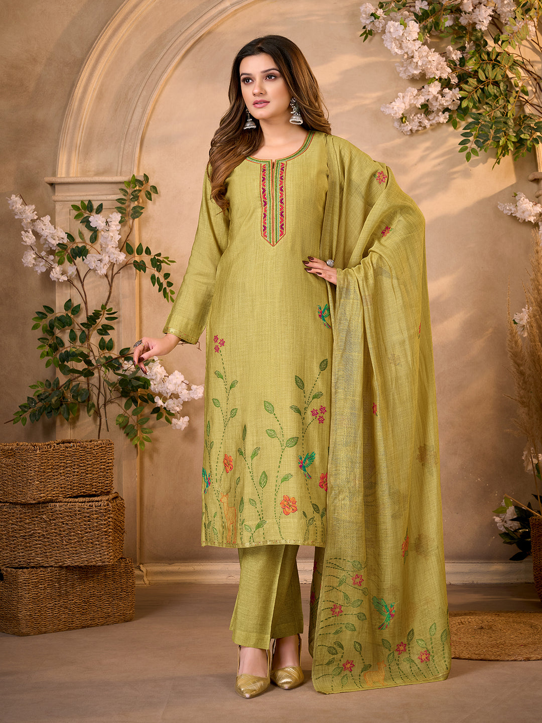 Pistachio Green Jacquard Suit Set wth Dupatta