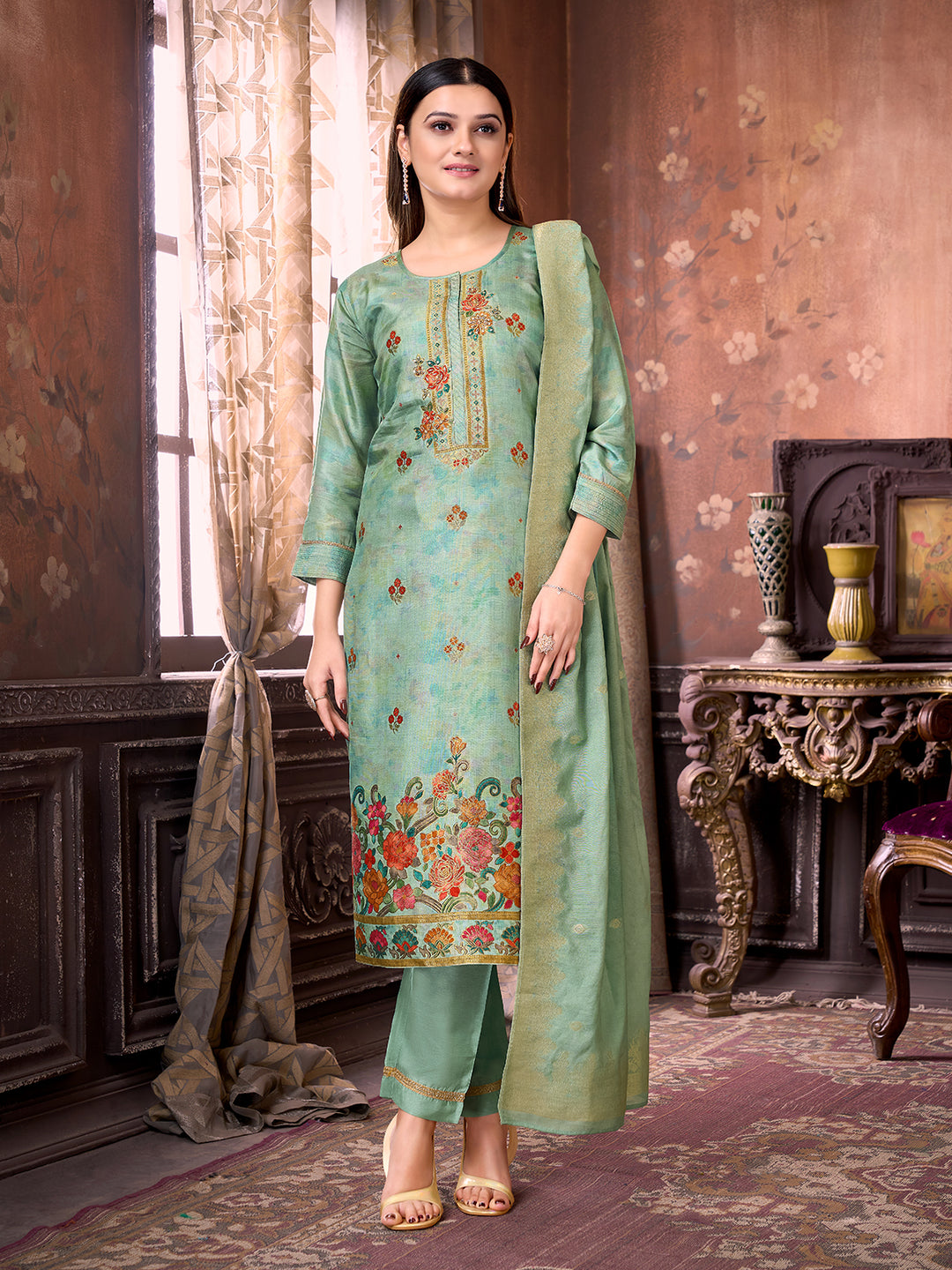 Sage Blue Suit Set with Dupatta