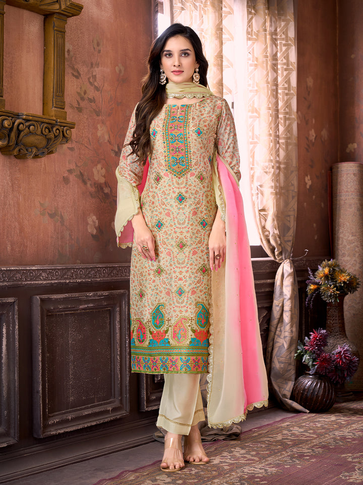 Beige Suit Set with Dupatta