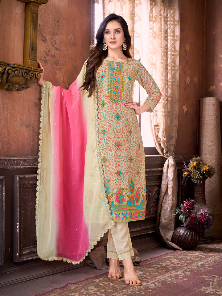 Beige Suit Set with Dupatta