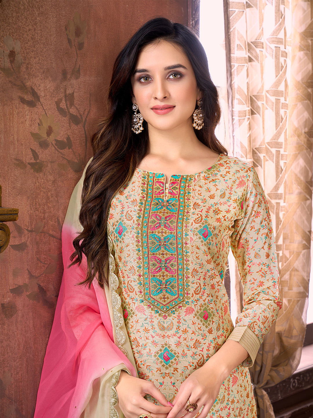 Beige Suit Set with Dupatta