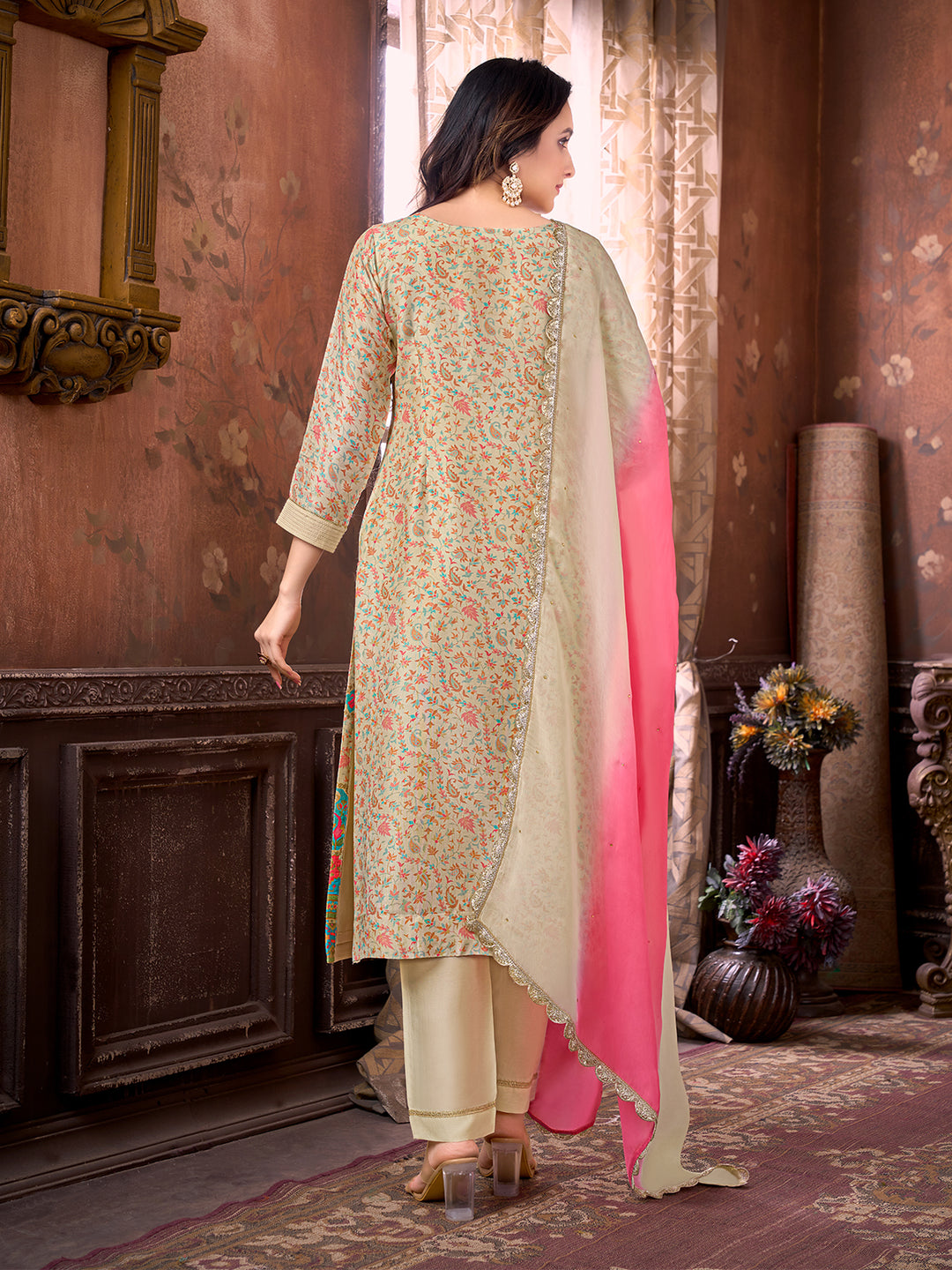 Beige Suit Set with Dupatta