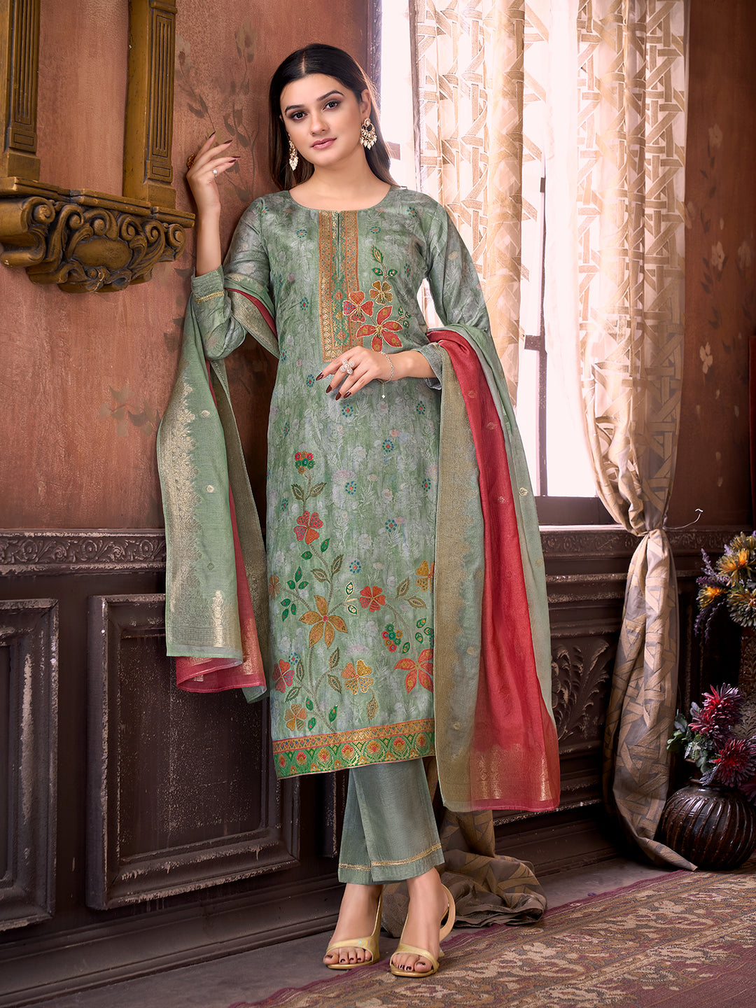 Grey Ethnic Suit Set with Dupatta