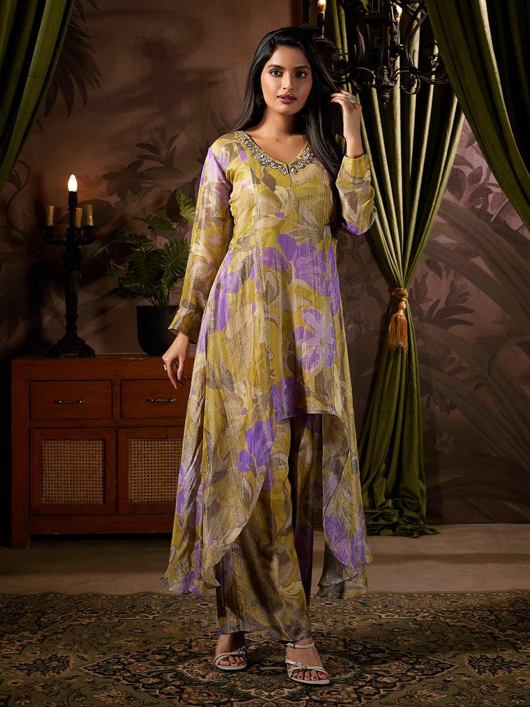 Olive Tissue Silk Co-Ord Set