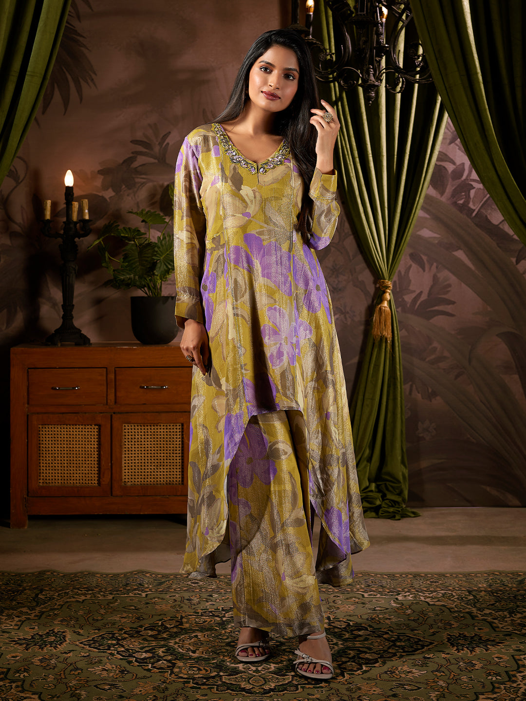 Olive Tissue Silk Co-Ord Set