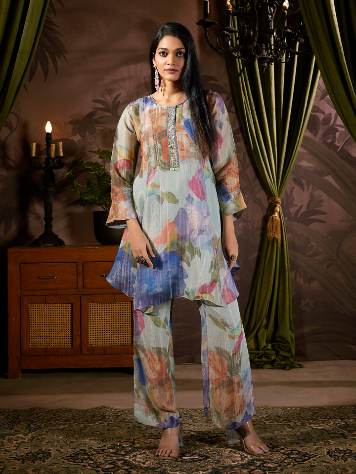 Blue Floral Tissue Silk Co-Ord Set