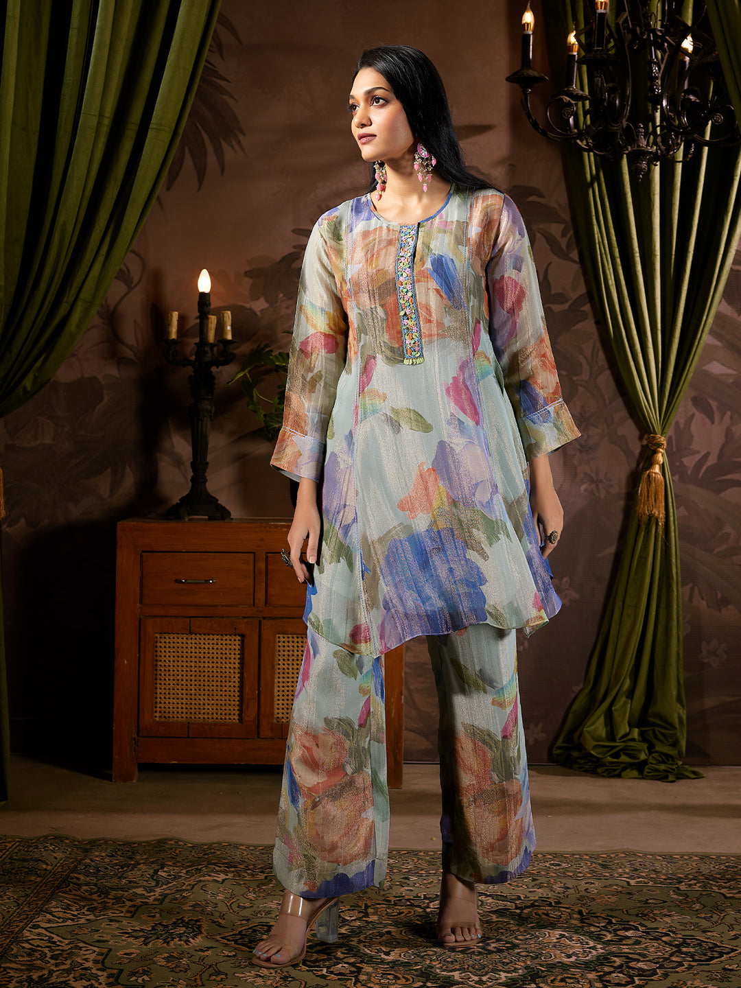 Blue Floral Tissue Silk Co-Ord Set