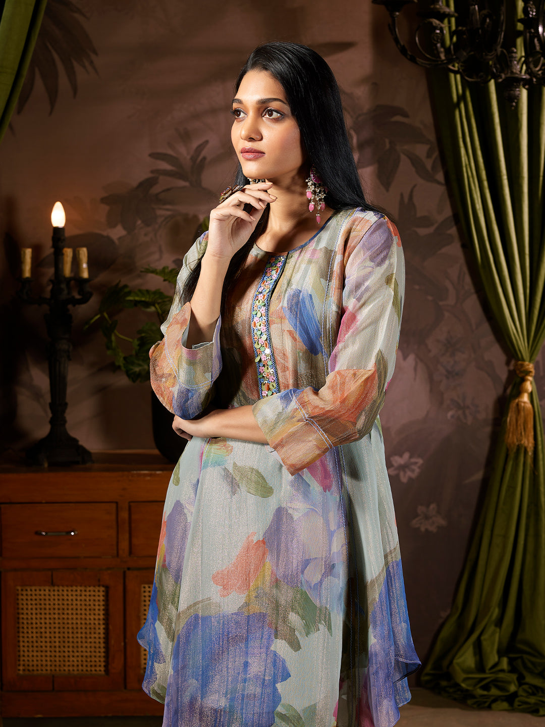 Blue Floral Tissue Silk Co-Ord Set