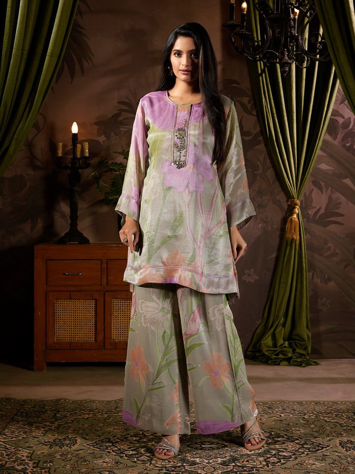 Grey Botanical Tissue Silk Co-Ord Set