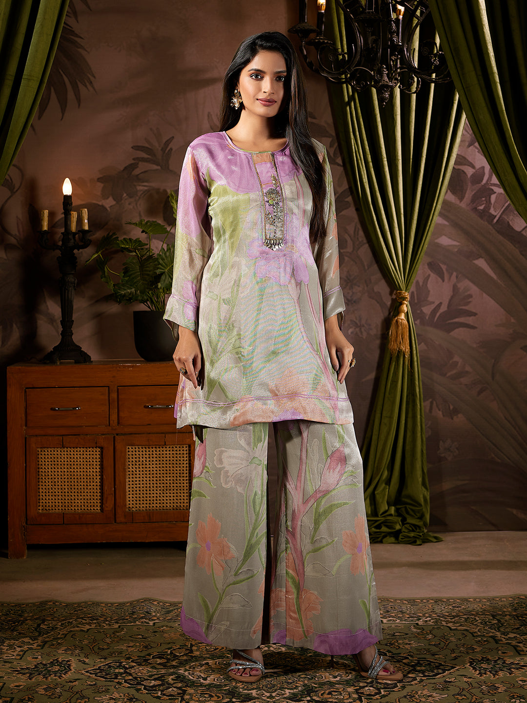 Grey Botanical Tissue Silk Co-Ord Set