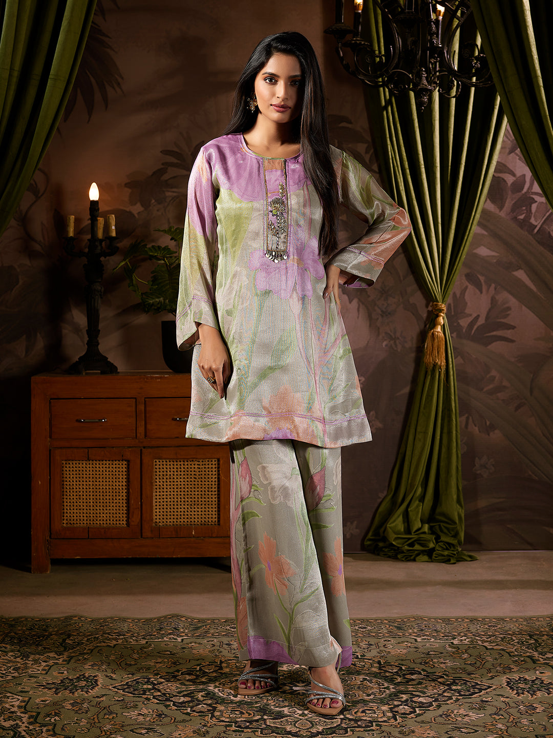 Grey Botanical Tissue Silk Co-Ord Set