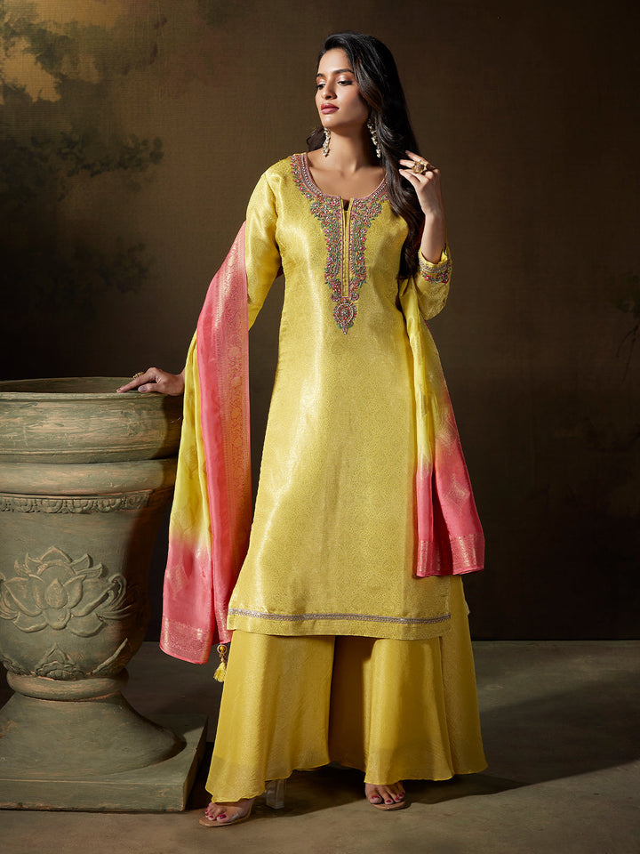 Lime Yellow Jacquard Suit Set