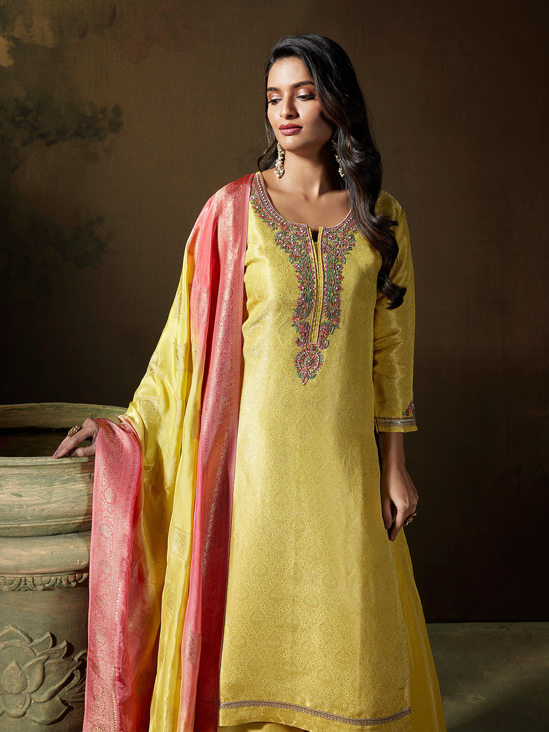 Lime Yellow Jacquard Suit Set