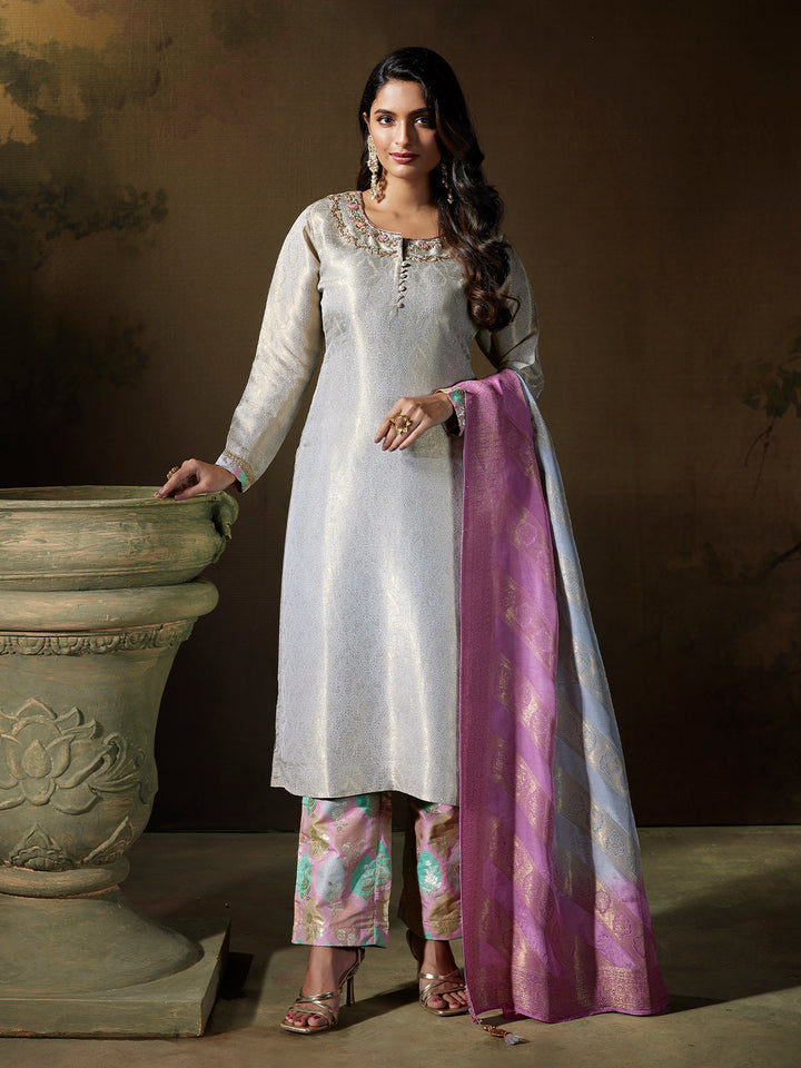 Pearl Grey Jacquard Suit Set