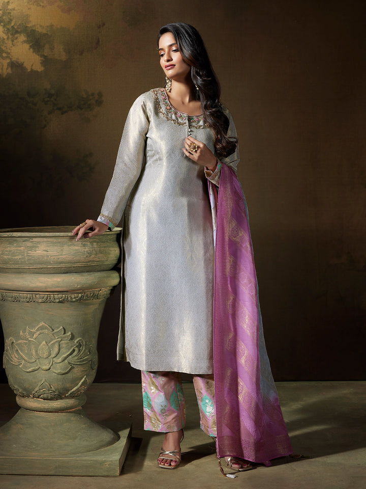 Pearl Grey Jacquard Suit Set