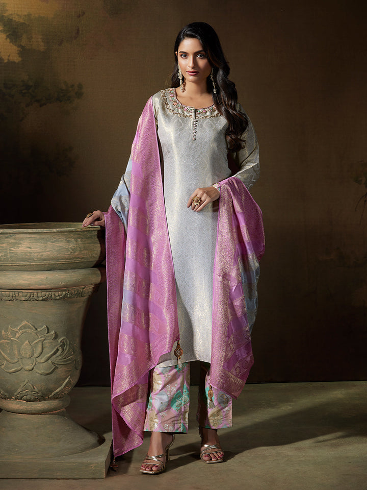 Pearl Grey Jacquard Suit Set