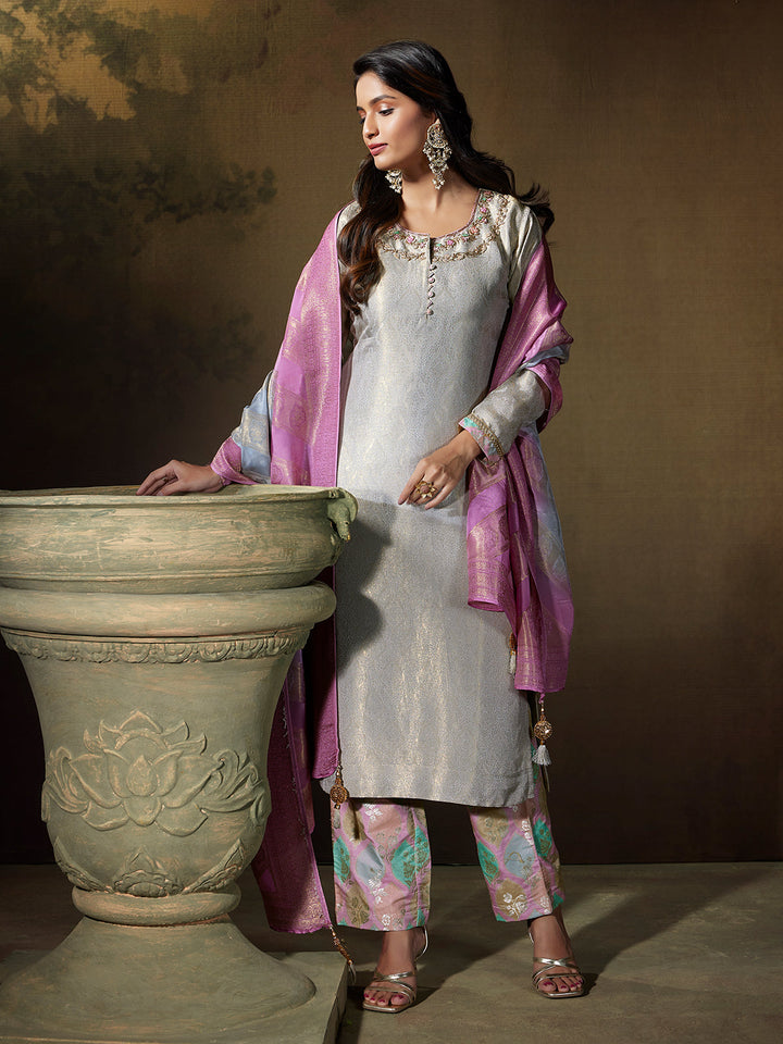Pearl Grey Jacquard Suit Set