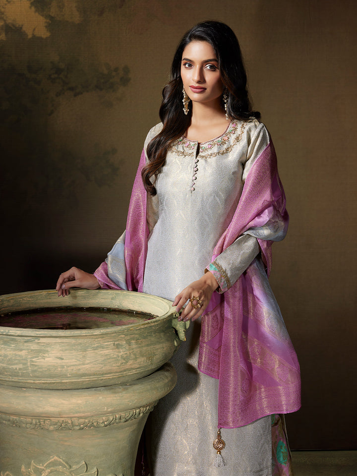 Pearl Grey Jacquard Suit Set