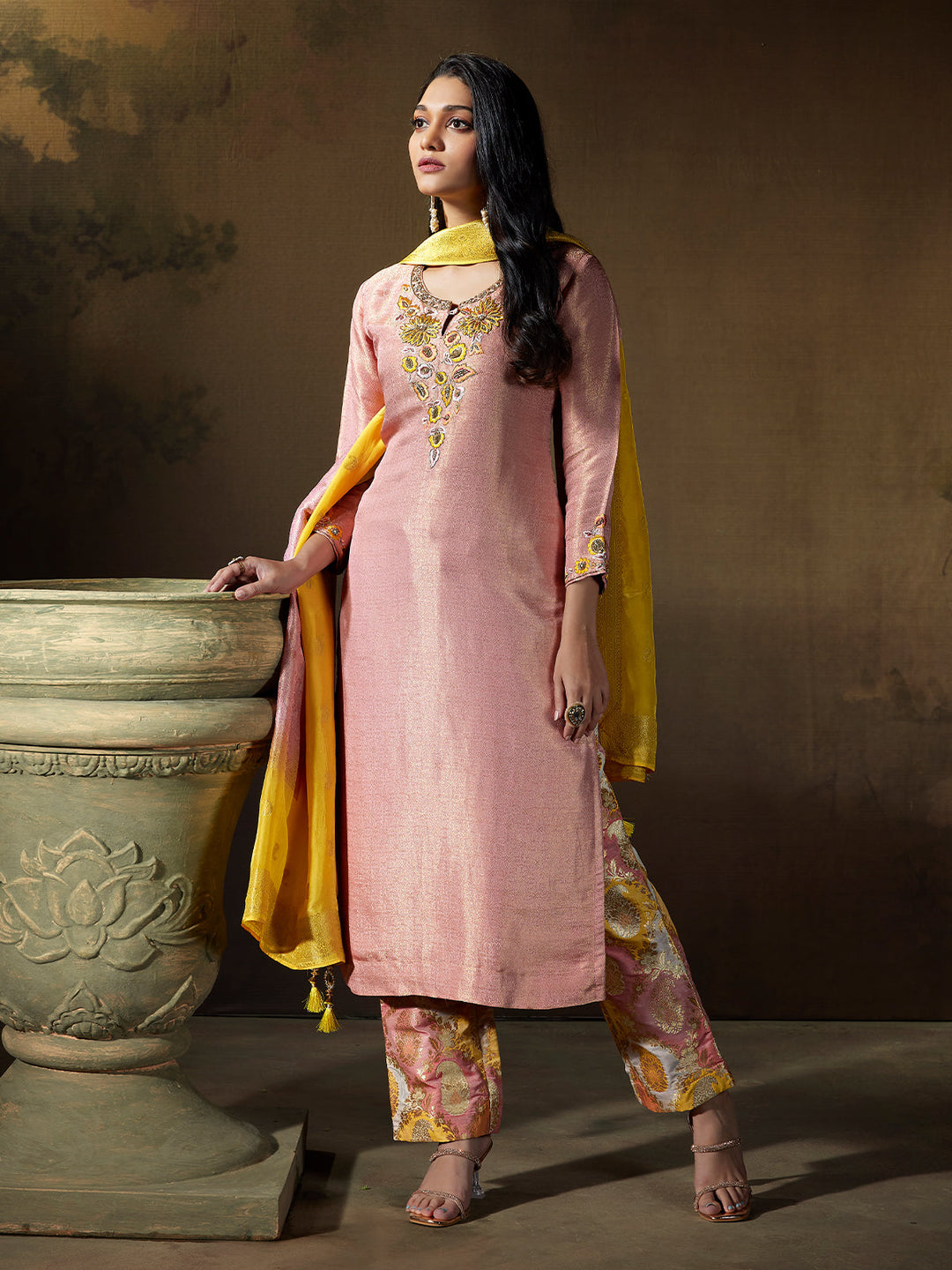 Blush Pink Jacquard Silk Suit Set