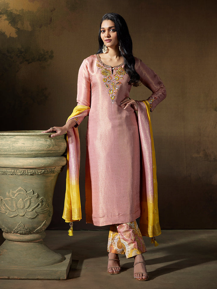 Blush Pink Jacquard Silk Suit Set