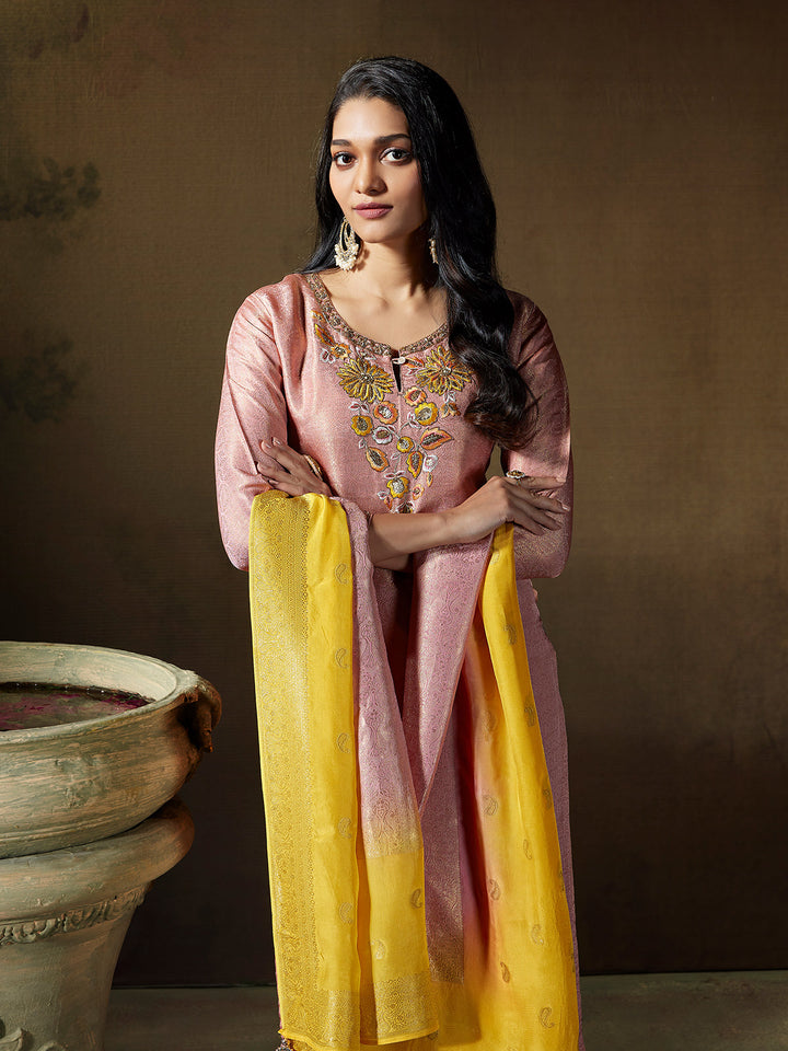 Blush Pink Jacquard Silk Suit Set