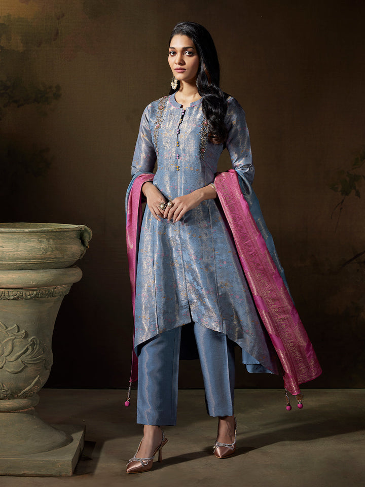 Steel Blue Jacquard Suit Set