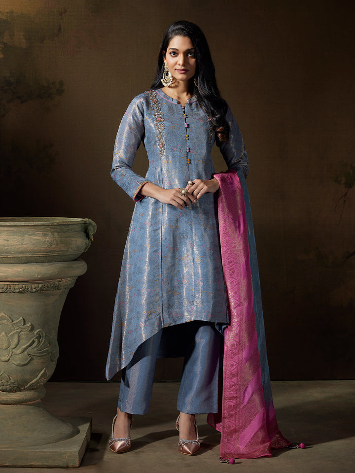 Steel Blue Jacquard Suit Set