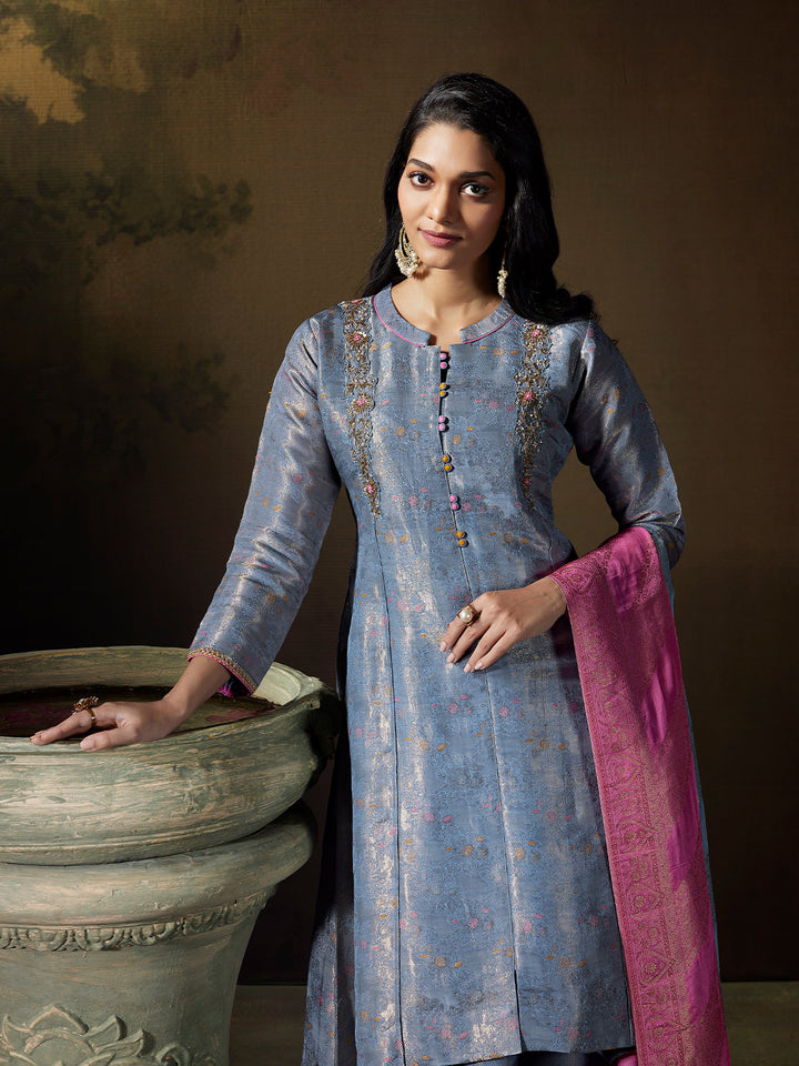 Steel Blue Jacquard Suit Set