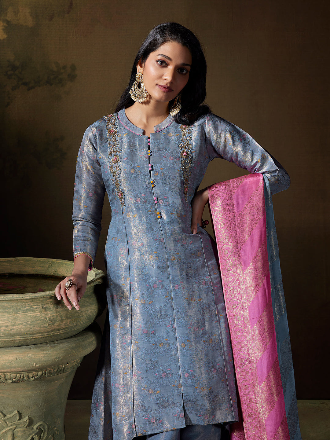 Steel Blue Jacquard Suit Set