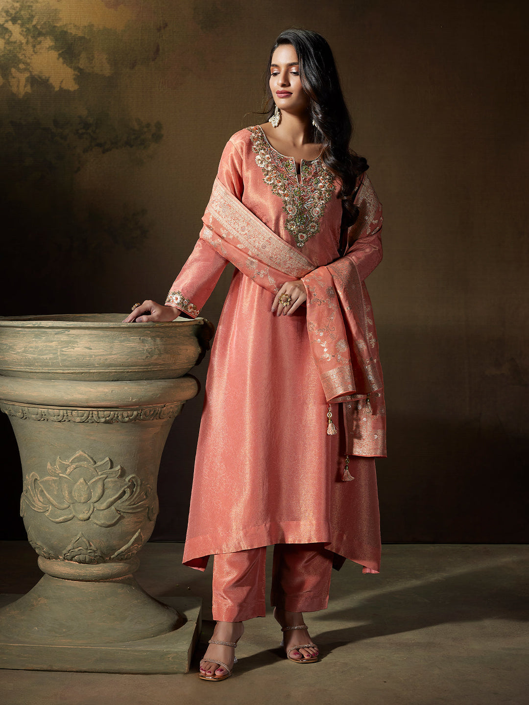 Peach Jacquard Suit Set
