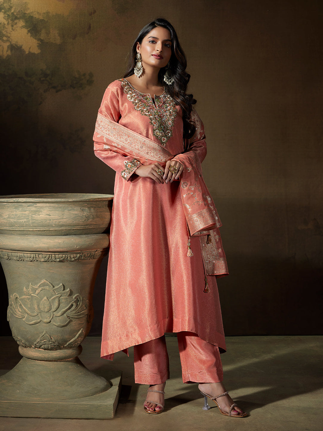Peach Jacquard Suit Set