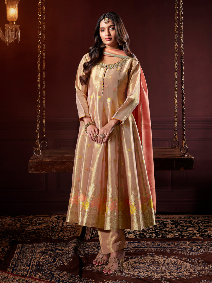 Champagne Gold Jacquard Anarkali Set with Dupatta