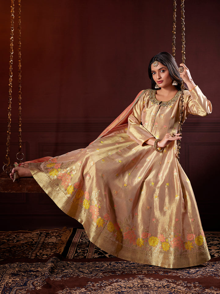 Champagne Gold Jacquard Anarkali Set with Dupatta