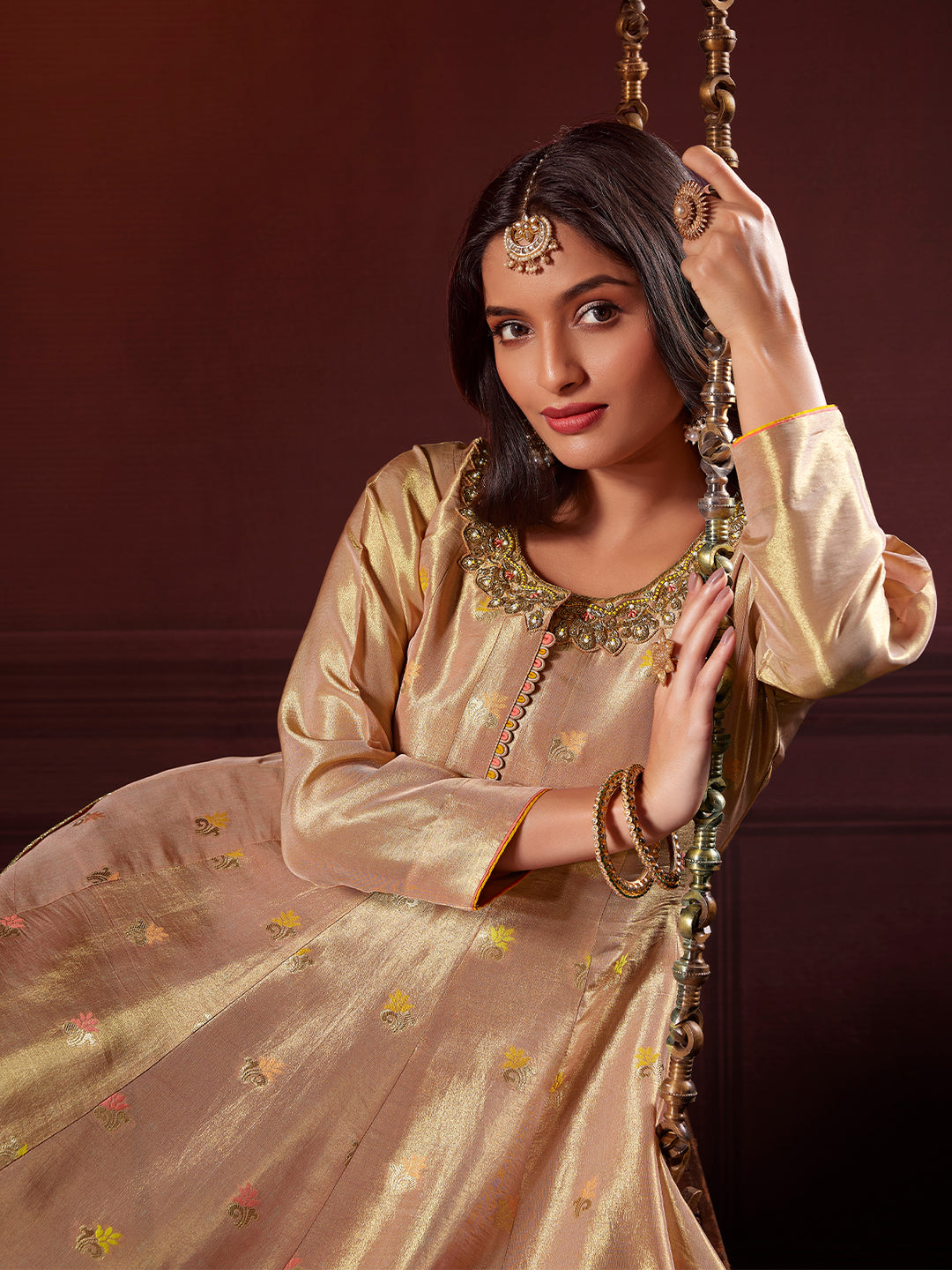 Champagne Gold Jacquard Anarkali Set with Dupatta