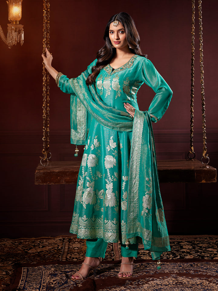 Teal Jacquard Anarkali Set with Dupatta