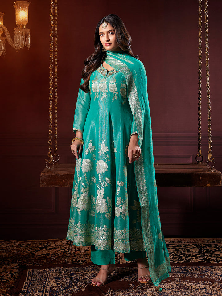 Teal Jacquard Anarkali Set with Dupatta
