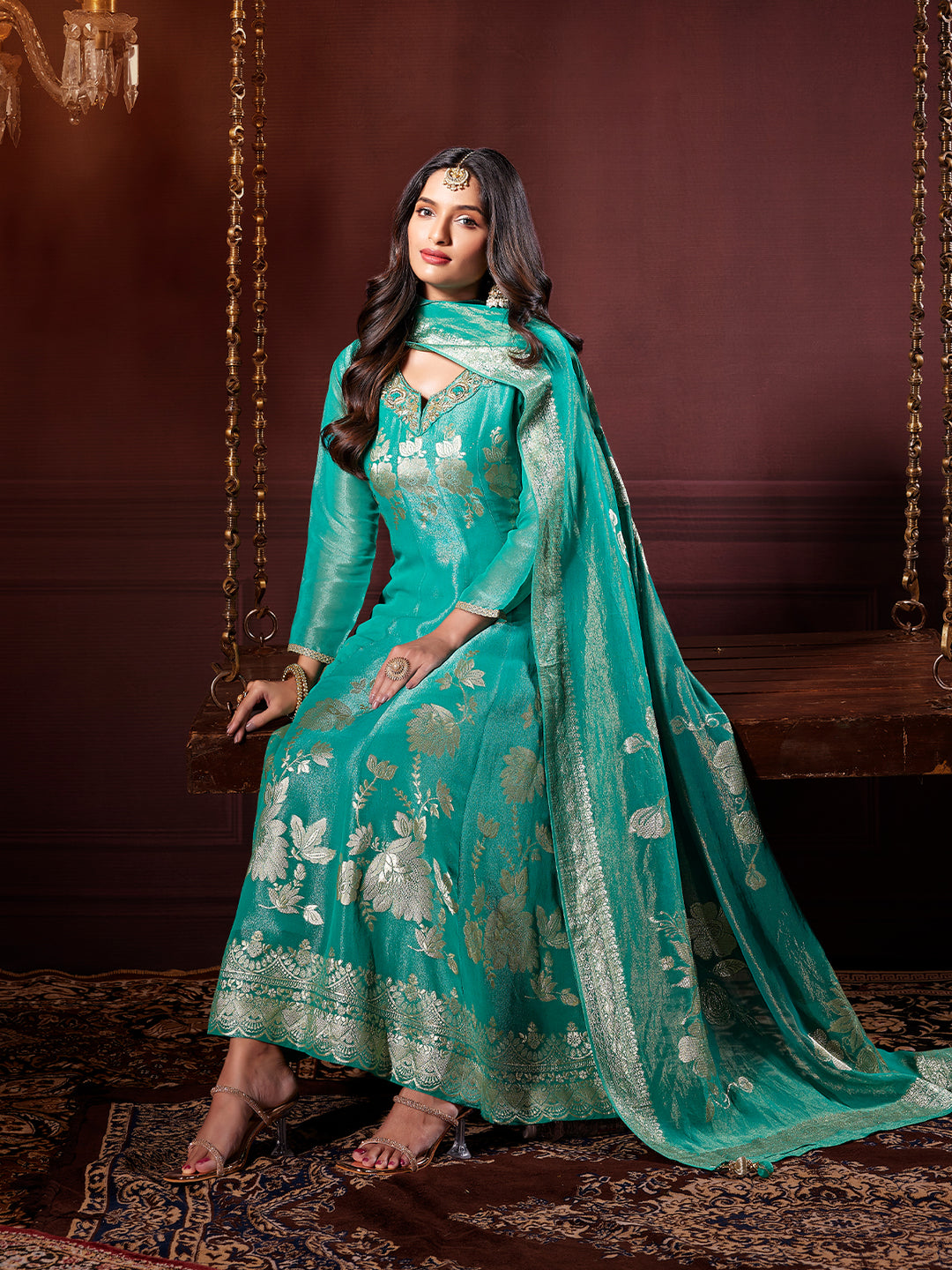 Teal Jacquard Anarkali Set with Dupatta