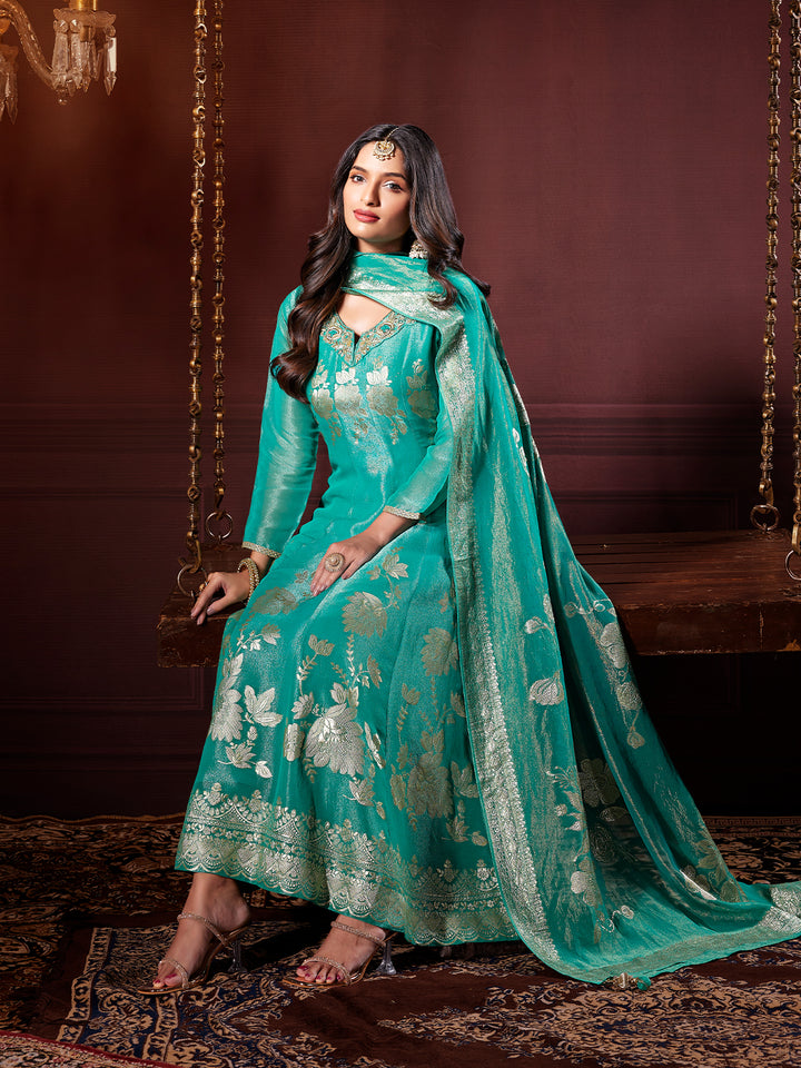 Teal Jacquard Anarkali Set with Dupatta