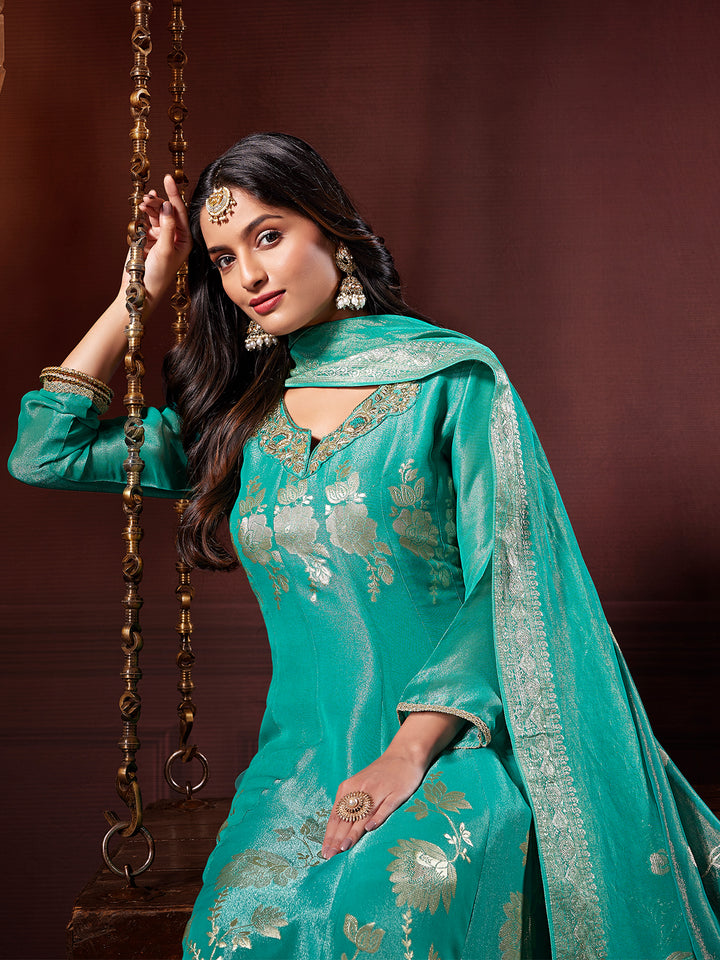 Teal Jacquard Anarkali Set with Dupatta